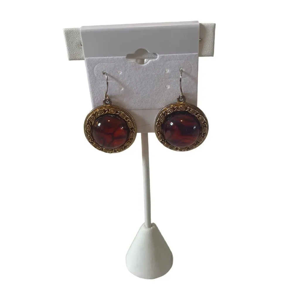 Vintage Gold Toned Etched Earrings with Large Tiger’s Eye Colored Center.